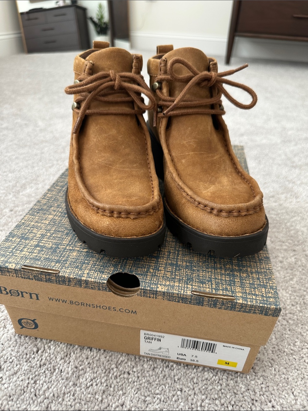 Born Chukka Boots in Tan Suede with Black Lug Sole